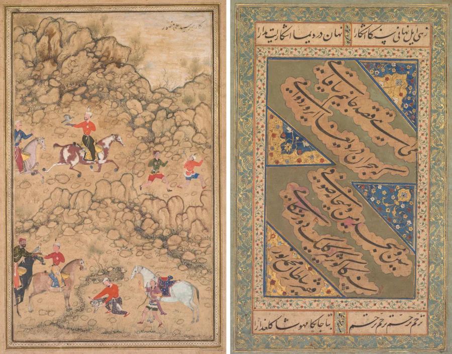 Hunting with falcons in a landscape; verso: Calligraphy of Chaghatai Turkish poems in praise of wine, Sultan Muhammad Nur (Persian, c. 1472–1536) and Mirza Muhammad (probably Persian, active c. 1520s) — تصویر رکورد موزهٔ هنر کلیولند (دسترسی آزاد)