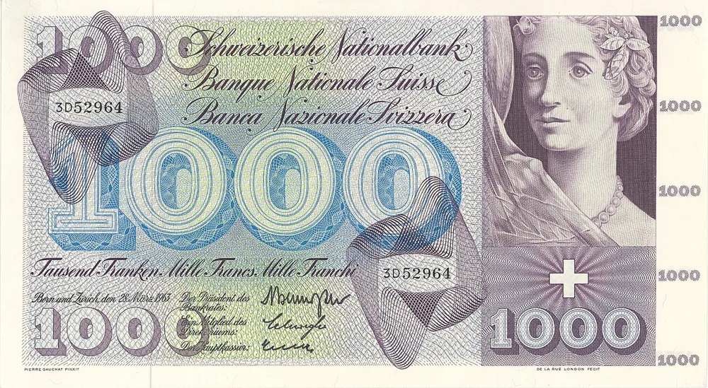 روی اسکناس 1000 francs فرانک سوئیس