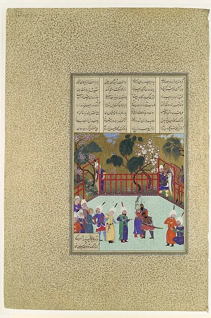 "Kai Kavus and Rustam Embrace", Folio 123r from the Shahnama (Book of Kings) of Shah Tahmasp — تصویر رکورد موزهٔ متروپولیتن (دسترسی آزاد)