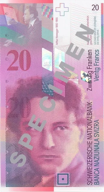 روی اسکناس 20 francs فرانک سوئیس