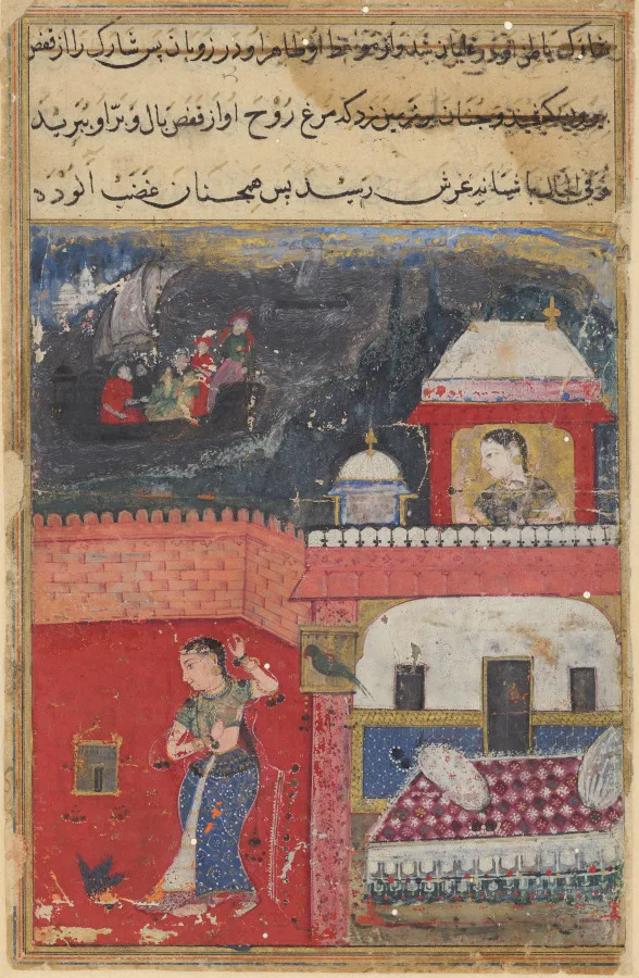 Khujasta kills the pet mynah who advises her not to be unfaithful to Maymun, her husband, from a Tuti-nama (Tales of the Parrot): First Night — تصویر رکورد موزهٔ هنر کلیولند (دسترسی آزاد)