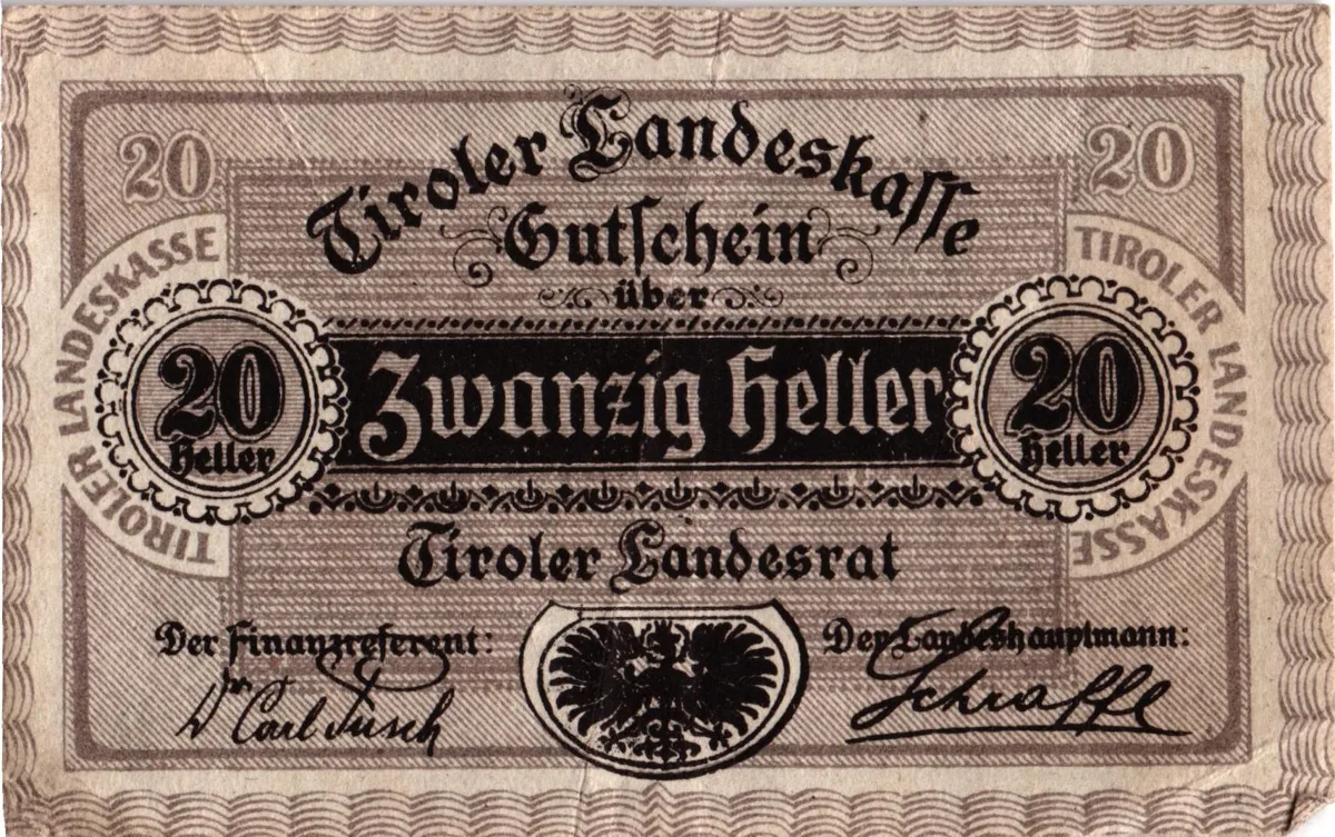 20 Heller, Notgeldschein der Tiroler Landeskasse, Tirol — تصویر رکورد یوروپیانا
