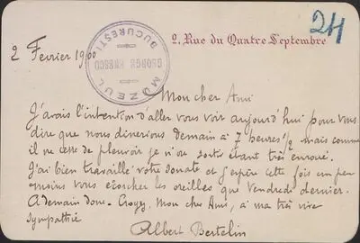 Carte poștală trimisă de către Albert Bertelin lui George Enescu — تصویر رکورد یوروپیانا