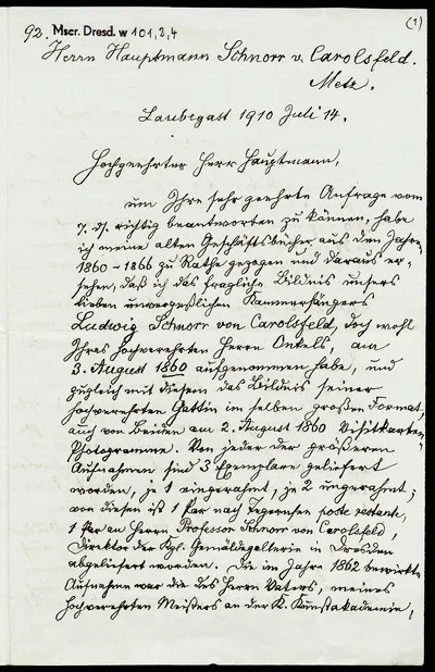 Letter from Hermann Krone to Hans Schnorr von Carolsfeld (1862-1933) in Metz (regarding the dating of his photographs by chamber singer Ludwig Schnorr von Carolsfeld, the uncle of Hans). Dresden-Laube — تصویر رکورد یوروپیانا