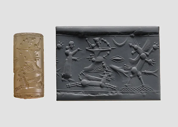 Cylinder seal with mythological contest scene — تصویر رکورد موزهٔ متروپولیتن (دسترسی آزاد)