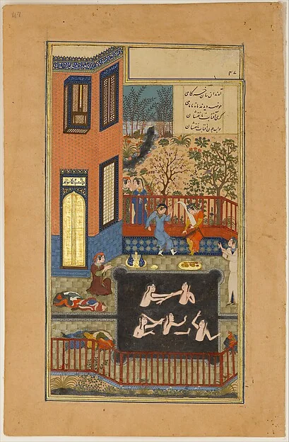 "The Eavesdropper", Folio 47r from a Haft Paikar (Seven Portraits) of the Khamsa (Quintet) of Nizami of Ganja — تصویر رکورد موزهٔ متروپولیتن (دسترسی آزاد)