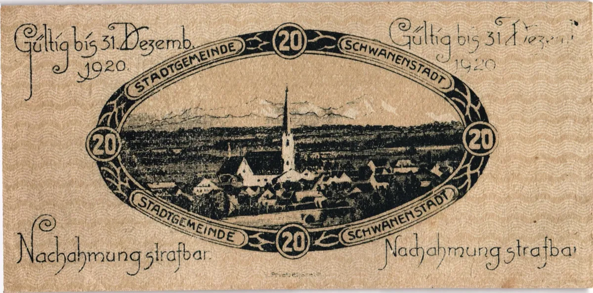 20 Heller, Notgeldschein der Stadtgemeinde Schwanenstadt, Oberösterreich — تصویر رکورد یوروپیانا