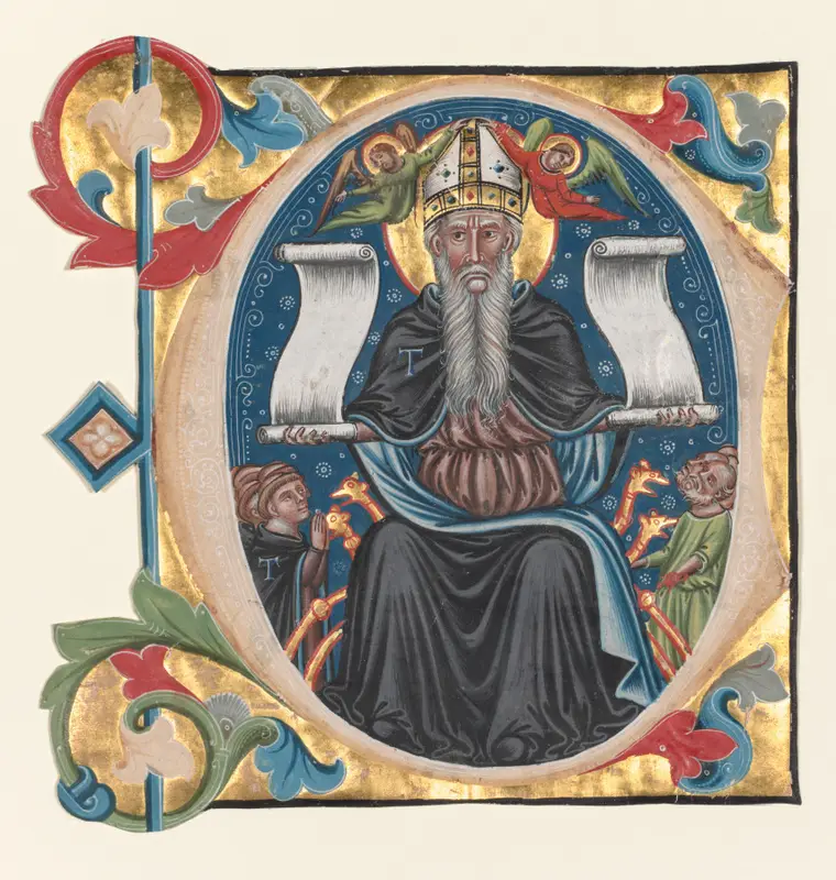 Initial C Excised from a Choral Book: St. Anthony with Antonite Friars — تصویر رکورد موزهٔ هنر کلیولند (دسترسی آزاد)
