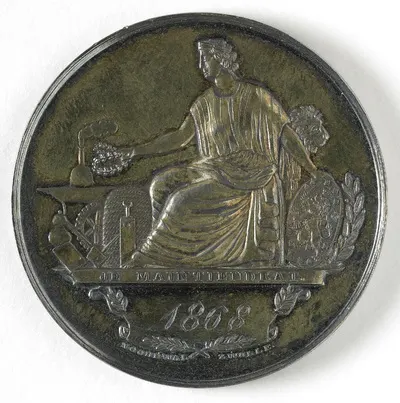 Prijspenning, verleend aan Bart van Hove in 1868 door de Vereeniging ter bevordering van fabriek en handwerknijverheid in Nederland, afdeling 's Gravenhage — تصویر رکورد یوروپیانا