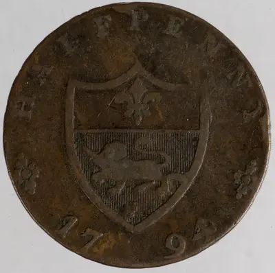 Tehnica: batere; Muchia: PAYABLE IN LANCASTER LONDON OR BRISTOL; Aversul: Legendă dispusă circular pe margine. În centru, bustul lui John of Gaunt reprezentat cu coroană și mantie pe umeri, din semi-p — تصویر رکورد یوروپیانا