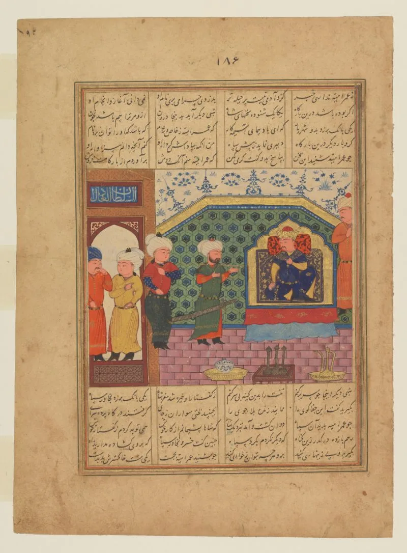 The King of the East listens to a messenger, from the Book of the East (Khāvarānnāma) by Ibn Ḥusām (d. 1470) — تصویر رکورد یوروپیانا