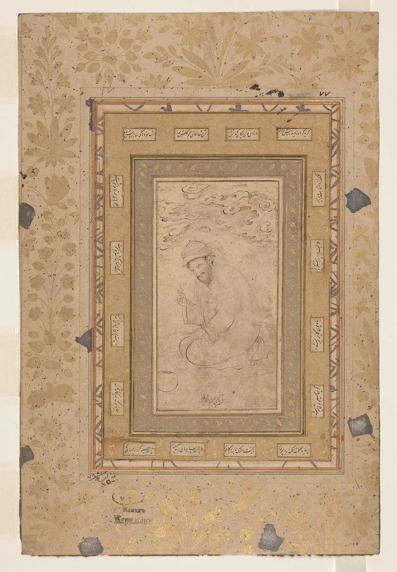 Seated dervish holding a flower, attributed to Reẓā `Abbāsī (d. 1635) — تصویر رکورد یوروپیانا