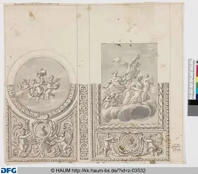 Kassel, Kunsthaus: Entwurf für Wandmalerei im Optischen Kabinett: Zwei Hochfüllungen mit Putten und Sitzfiguren beim Gebrauch optischer Instrumente — تصویر رکورد یوروپیانا
