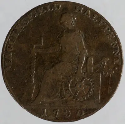 Tehnica: batere; Muchia: Payable at Macclesfield Liverpool or Congleton; Aversul: Legendă dispusă circular pe margine. În centru, bustul unul bărbat având coafură și costul specifice secolului al XVII — تصویر رکورد یوروپیانا
