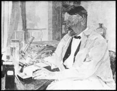 "Depiction of an oil painting depicting Professor Leonrad Axel Jägerskiöld. Painted by Carl Vilhelmsson, Jägerskiöld at the microscope. : A series with a photon. 5370: 1-5. " — تصویر رکورد یوروپیانا