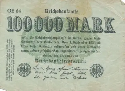 Zahlungsmittel / Reichsbanknote / 100 000 Mark — تصویر رکورد یوروپیانا