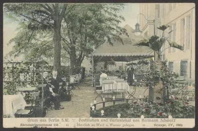 Ansichtskarte "Destillation und Gartenlokal von Hermann Schwarz", Alexandrinenstraße, koloriert — تصویر رکورد یوروپیانا