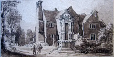 drawing (pen and ink wash): "Fountain and Farm At Pepper Hall, Shrewsbury" — تصویر رکورد یوروپیانا