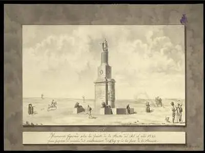 Monumento figurado sobre la fuente de la Puerta del Sol el año 1833 para perpetuar la memoria del restablecimiento del Rey y de la jura de la Princesa [Material gráfico] — تصویر رکورد یوروپیانا