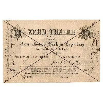 Billet de banque de 10 thalers de la Banque internationale à Luxembourg (1856) — تصویر رکورد یوروپیانا