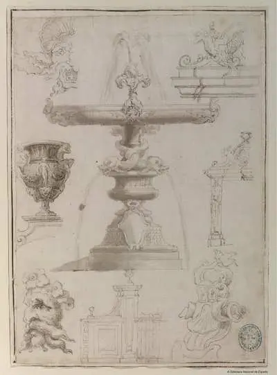 [Proyecto para la fuente de los delfines en Villa Pamphili, Roma, y otros apuntes romanos] [Material gráfico] — تصویر رکورد یوروپیانا