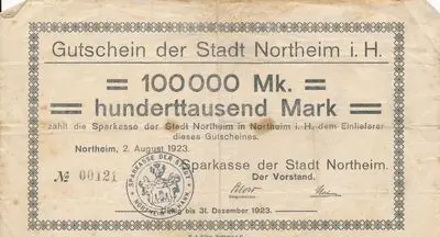 Zahlungsmittel / Gutschein der Stadt Northeim i. H.
100.000 Mark — تصویر رکورد یوروپیانا