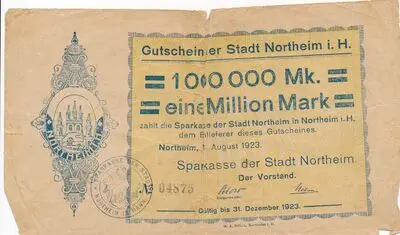 Zahlungsmittel / Gutschein der Stadt Northeim i.H. über eine Million Mark — تصویر رکورد یوروپیانا