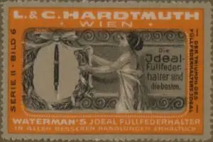 Werbeverschlussmarke für Waterman's Ideal Füllfederhalter von L. & C. Hardtmuth Wien. Der Triumph des Füllfederhalter Ideal. Serie II Bild 6 — تصویر رکورد یوروپیانا