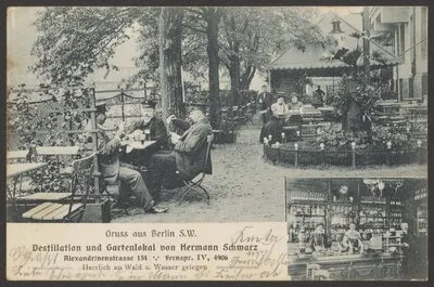 Ansichtskarte "Destillation und Gartenlokal von Hermann Schwarz", Alexandrinenstraße 134 — تصویر رکورد یوروپیانا