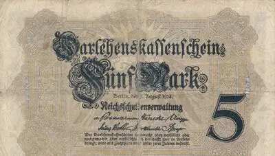 Zahlungsmittel / Darlehnskassenschein / Deutsche Reichsbank / Fünf Mark — تصویر رکورد یوروپیانا