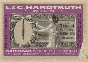 Werbemarke von L. & C. Hardtmuth in Wien, Serie II, Bild 6: Der Triumph des Füllfederhalters Ideal (lila) (vom Bearbeiter vergebener Titel) — تصویر رکورد یوروپیانا