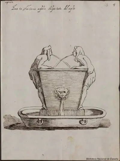 [Adorno 65] [Material gráfico] : ][fuente con bañera egipcia, cabeza de león y dos figuras masculinas] — تصویر رکورد یوروپیانا