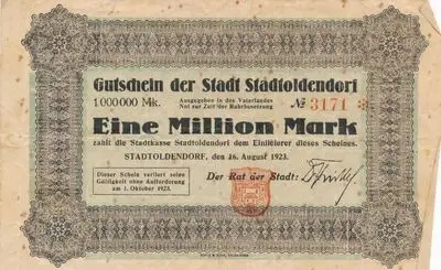 Zahlungsmittel / Gutschein der Stadt Stadtoldendorf über eine Million Mark — تصویر رکورد یوروپیانا