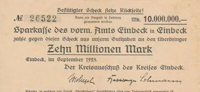 Zahlungsmittel / Scheck über 10 Millionen Mark / Einbeck — تصویر رکورد یوروپیانا