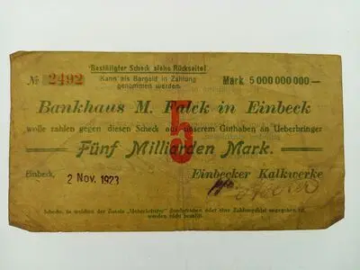 Zahlungsmittel / Scheck über 5 Mrd. Mark 1923 / Einbeck — تصویر رکورد یوروپیانا