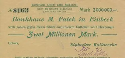 Zahlungsmittel / Scheck des Bankhauses M. Falck in Einbeck / Zwei Millionen Mark — تصویر رکورد یوروپیانا