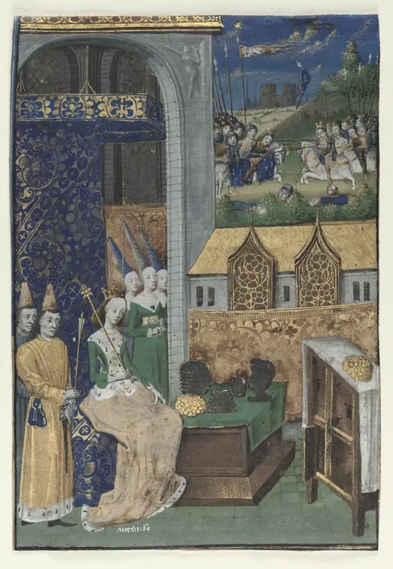 Single Miniature Excised from Boccaccio's Des Cleres et nobles femmes: Queen Medusa and Her Court — تصویر رکورد موزهٔ هنر کلیولند (دسترسی آزاد)