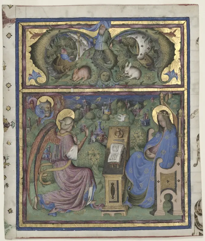 Initial M[issus est] Excised from an Antiphonary: The Annunciation — تصویر رکورد موزهٔ هنر کلیولند (دسترسی آزاد)