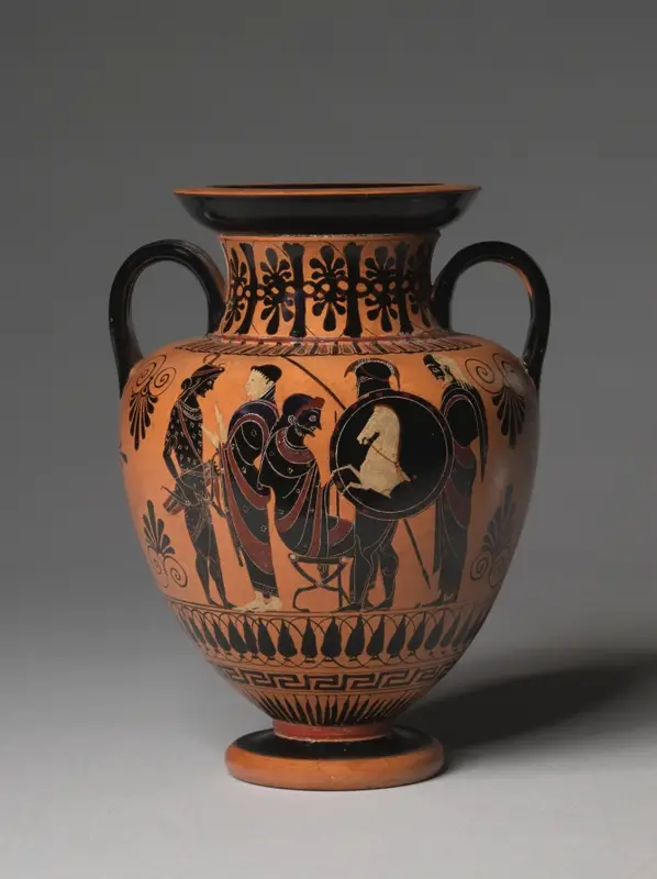 Black-Figure Neck-Amphora (Storage Vessel): Departing Warriors (A); Dionysos and Satyrs (B) — تصویر رکورد موزهٔ هنر کلیولند (دسترسی آزاد)