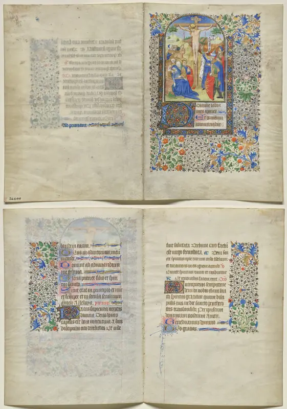 Bifolio from a Book of Hours: The Crucifixion (recto), Text (verso) — تصویر رکورد موزهٔ هنر کلیولند (دسترسی آزاد)