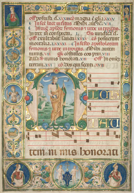Leaf from a Gradual: Initial (M) with St. Andrew (recto) — تصویر رکورد موزهٔ هنر کلیولند (دسترسی آزاد)