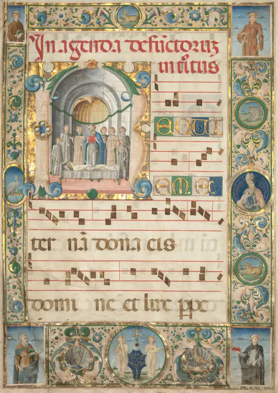 Leaf from a Gradual: Initial (R) with Mass for the Dead (recto) — تصویر رکورد موزهٔ هنر کلیولند (دسترسی آزاد)