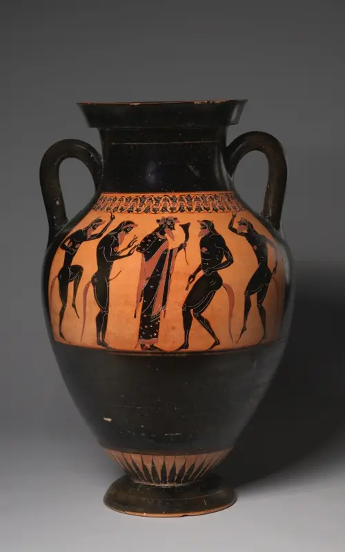 Black-Figure Amphora (Type B; Storage Vessel): Battling Warriors (A); Dionysos and Satyrs (B) — تصویر رکورد موزهٔ هنر کلیولند (دسترسی آزاد)