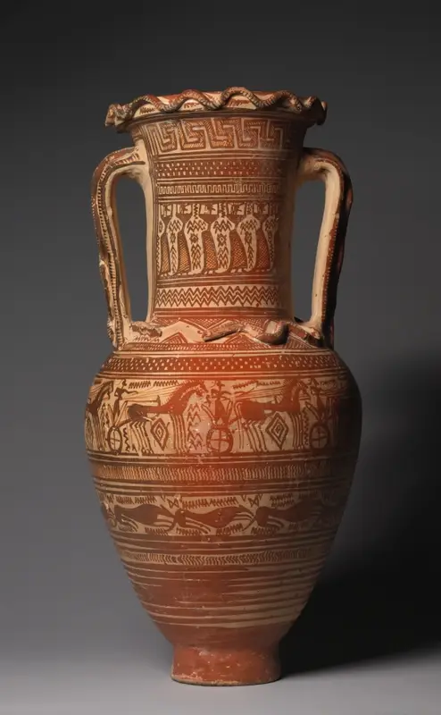 Geometric Neck-Handled Amphora (Storage Vessel): Prothesis (Laying out of Corpse), Mourners, Chariots — تصویر رکورد موزهٔ هنر کلیولند (دسترسی آزاد)