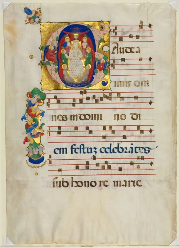 Leaf from a Gradual with Historiated Initial (G): Mary as Queen of Heaven — تصویر رکورد موزهٔ هنر کلیولند (دسترسی آزاد)
