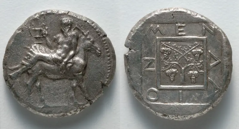 Tetradrachm: Dionysos on Donkey (obverse); Grapevine (reverse) — تصویر رکورد موزهٔ هنر کلیولند (دسترسی آزاد)