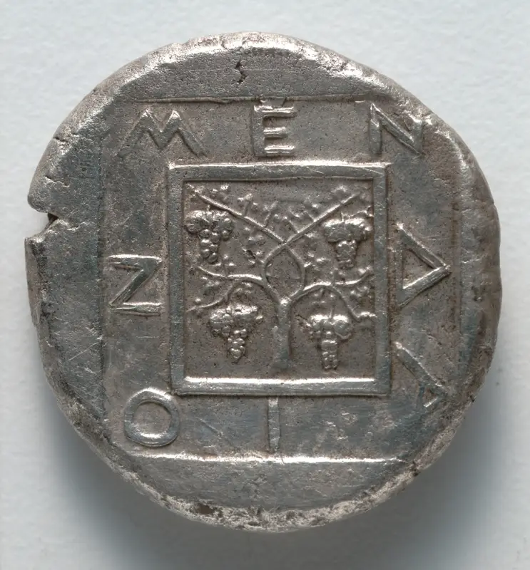 Tetradrachm: Grapevine within Square and Incuse Square (reverse) — تصویر رکورد موزهٔ هنر کلیولند (دسترسی آزاد)