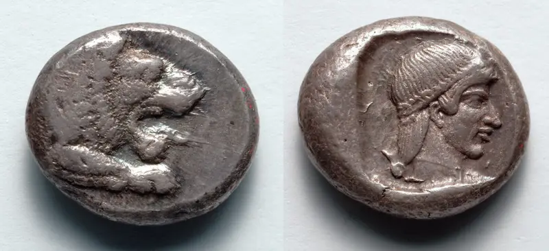 Drachm: Forepart of Lion (obverse); Head of Aphrodite (reverse) — تصویر رکورد موزهٔ هنر کلیولند (دسترسی آزاد)