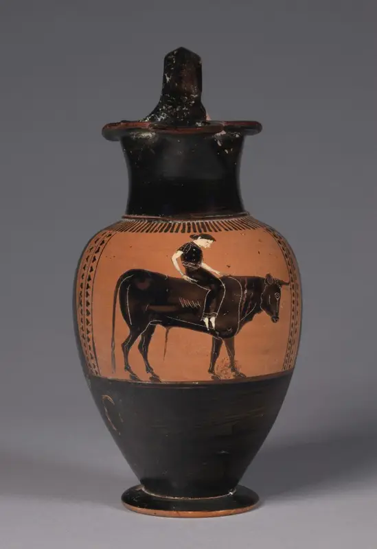 Black-Figure Trefoil Oinochoe (Wine Jug): Europa on Bull — تصویر رکورد موزهٔ هنر کلیولند (دسترسی آزاد)