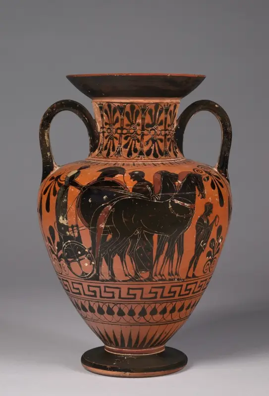 Black-Figure Neck-Amphora (Storage Vessel): Departing Warrior with Chariot (A); Battling Warriors (B) — تصویر رکورد موزهٔ هنر کلیولند (دسترسی آزاد)